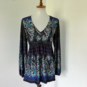 Venus Women's Empire Waist Paisley Top Tunic Blouse Shirt Size S Small Purple